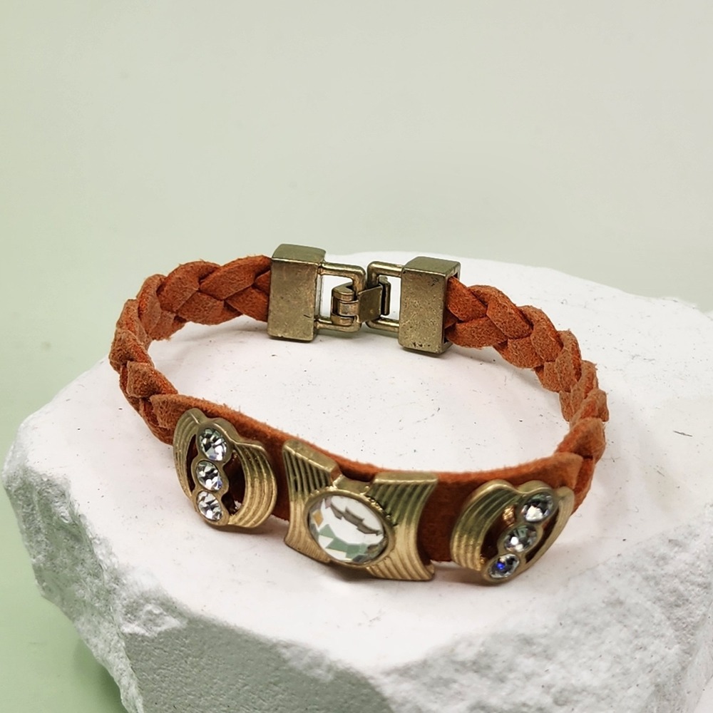 Lia Sophia Orange Braided Cord Crystal Rhinestone Antiqued Gold Tone Bracelet